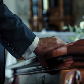 During a funeral, a person in mourning is paying their respects while dressed in a suit and resting their hand on a coffin